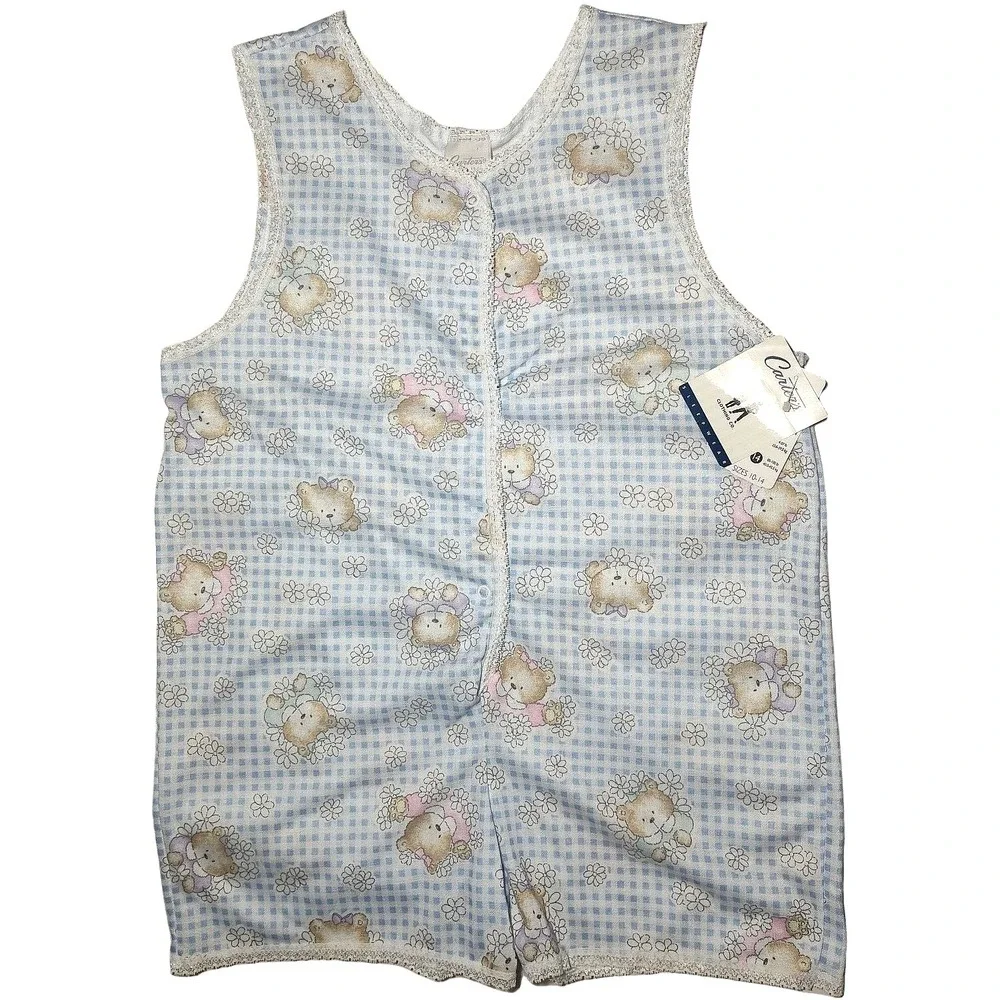 VTG Carter's Girl Sz 14 Bear 1pc Sleep Romper Pajama Blue White Flower Polyester